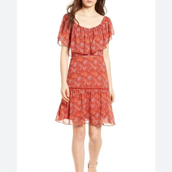 Rebecca Minkoff Lynne Dress Floral Tiered Ruffle Dress Cold Shoulder Cutout Mini - Picture 1 of 14